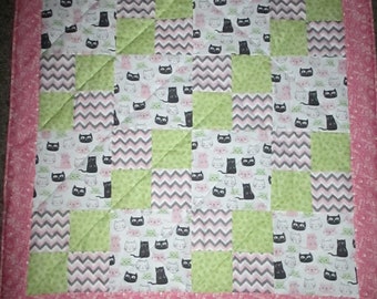 Cat Kitty Lime Paw Print Pink Grey Cheveron Whimsy  Cat Patchwork Handmade Quilt Blanket Quilted Cat Rescue Shelter Kitten Bed Bedding Throw