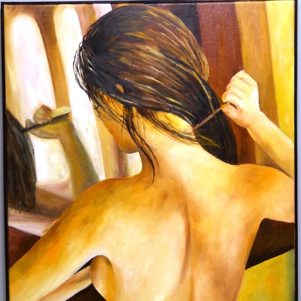 Peinture Huile NELLY Femme vue de dos "LE MIROIR"55X46 cm