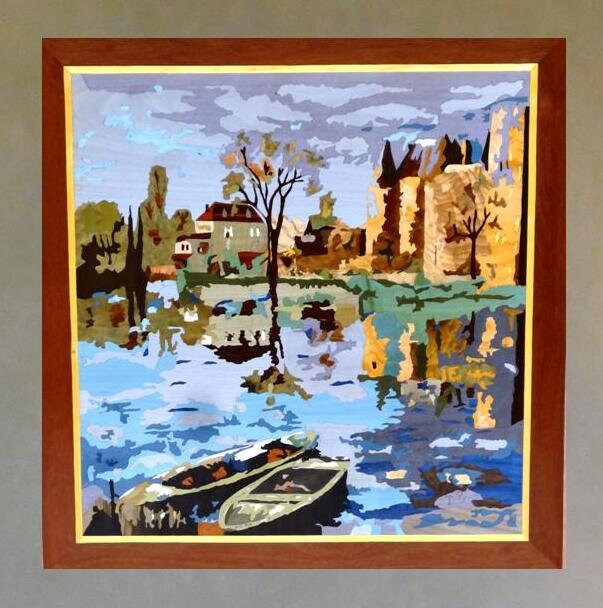 Marqueterie Bois Tableau Mural Les Bords Du Loing 51x49 cm