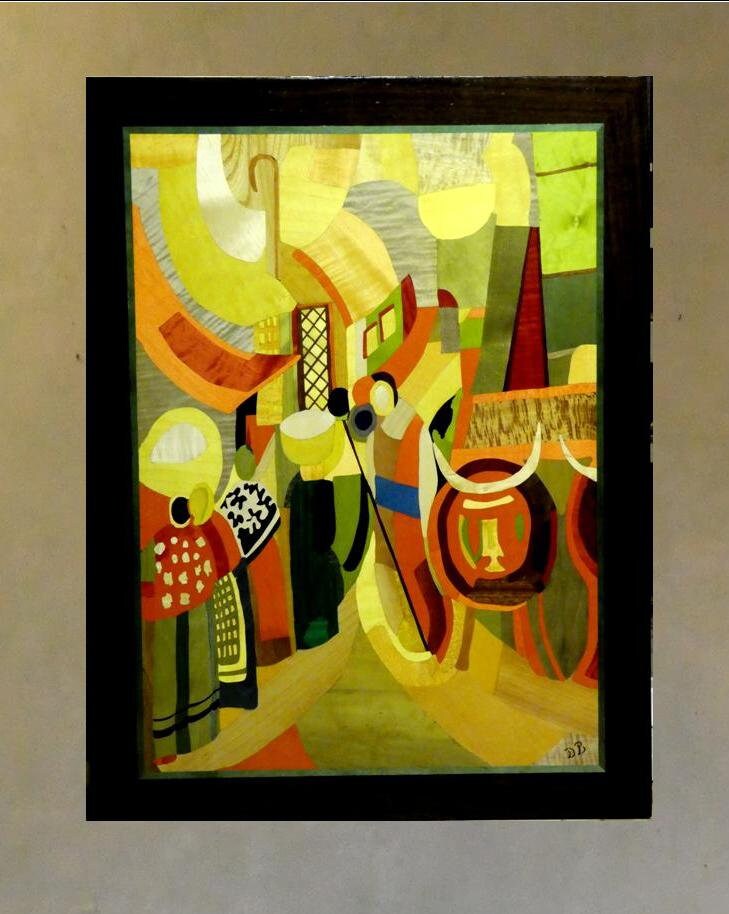 Marqueterie Bois Tableau Mural La Rue 65x50 cm