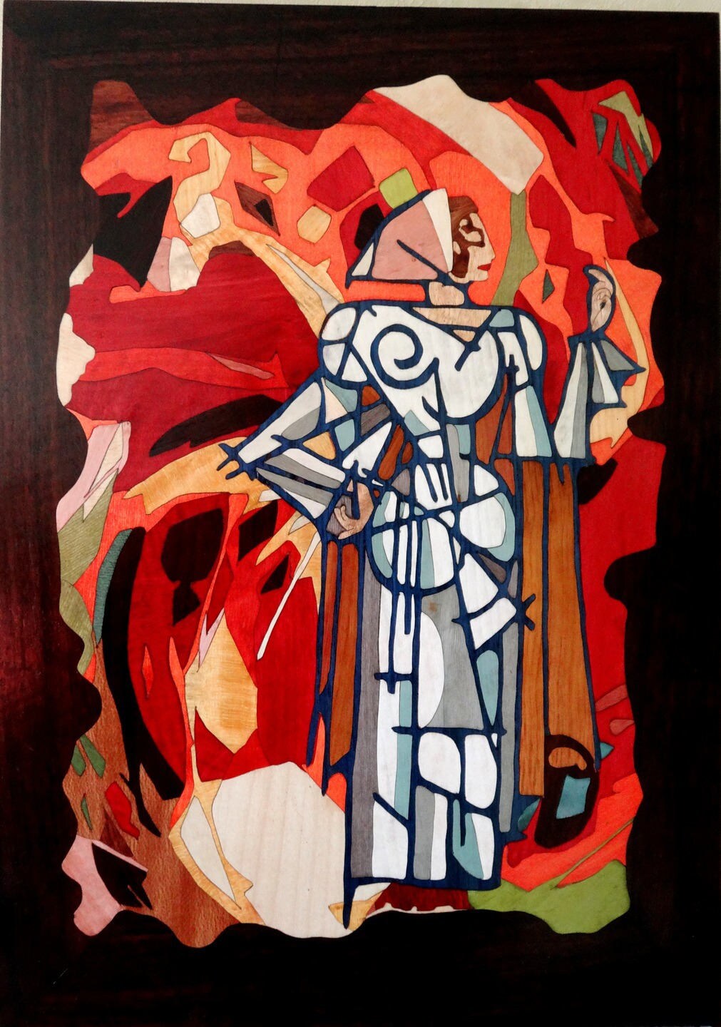 Tableau Mural Marqueterie Bois La Dame Blanche 46x32 sur Fond Abstrait