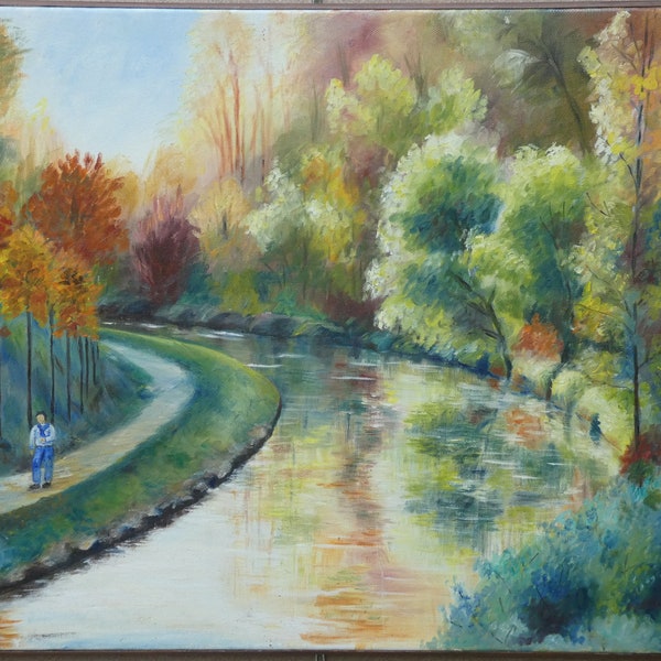 Peinture huile  NELLY  Nature Paysage d'eau    "CANAL de l' OURCQ" 50X65