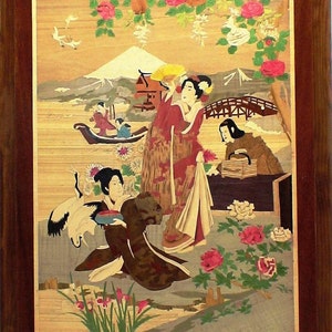 Wall painting "THE GEISHAS' Wooden Marquetry Japanese Print 67X49 cm