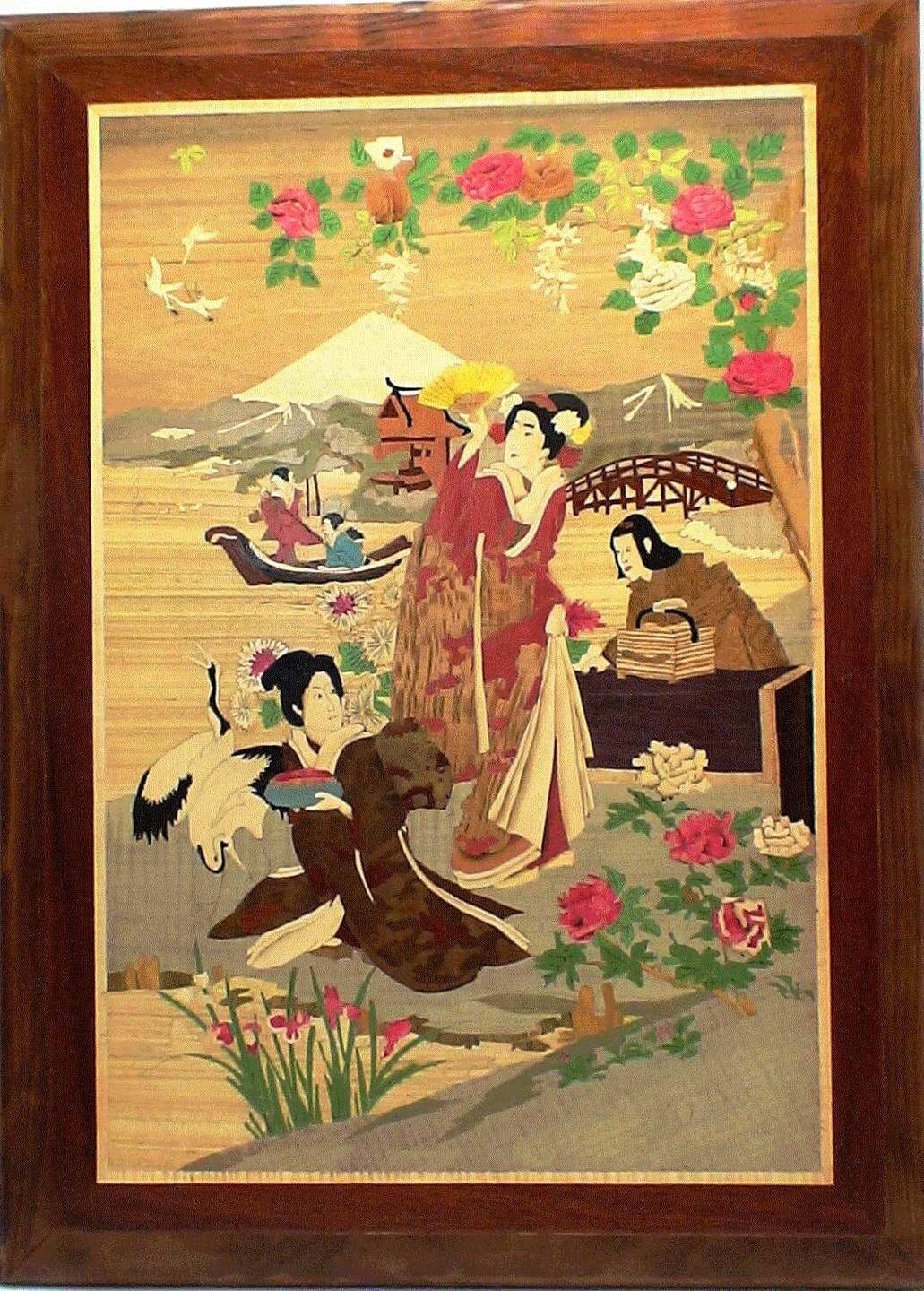 Tableau Mural Marqueterie Bois Les Geishas' Estampe Japonaise 67x49 cm