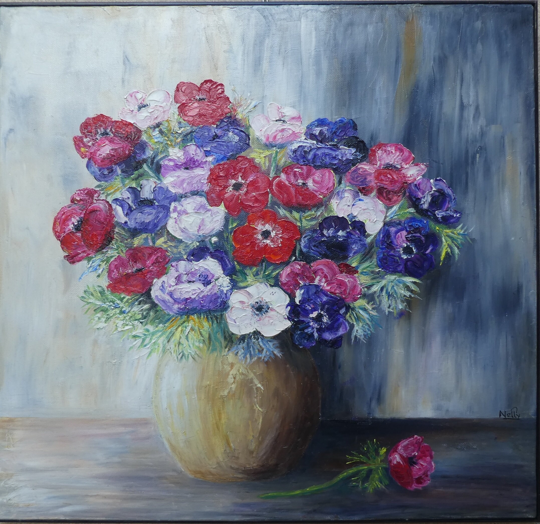 Peinture Huile Nelly Nature Morte Fleurs Anemones 50x50