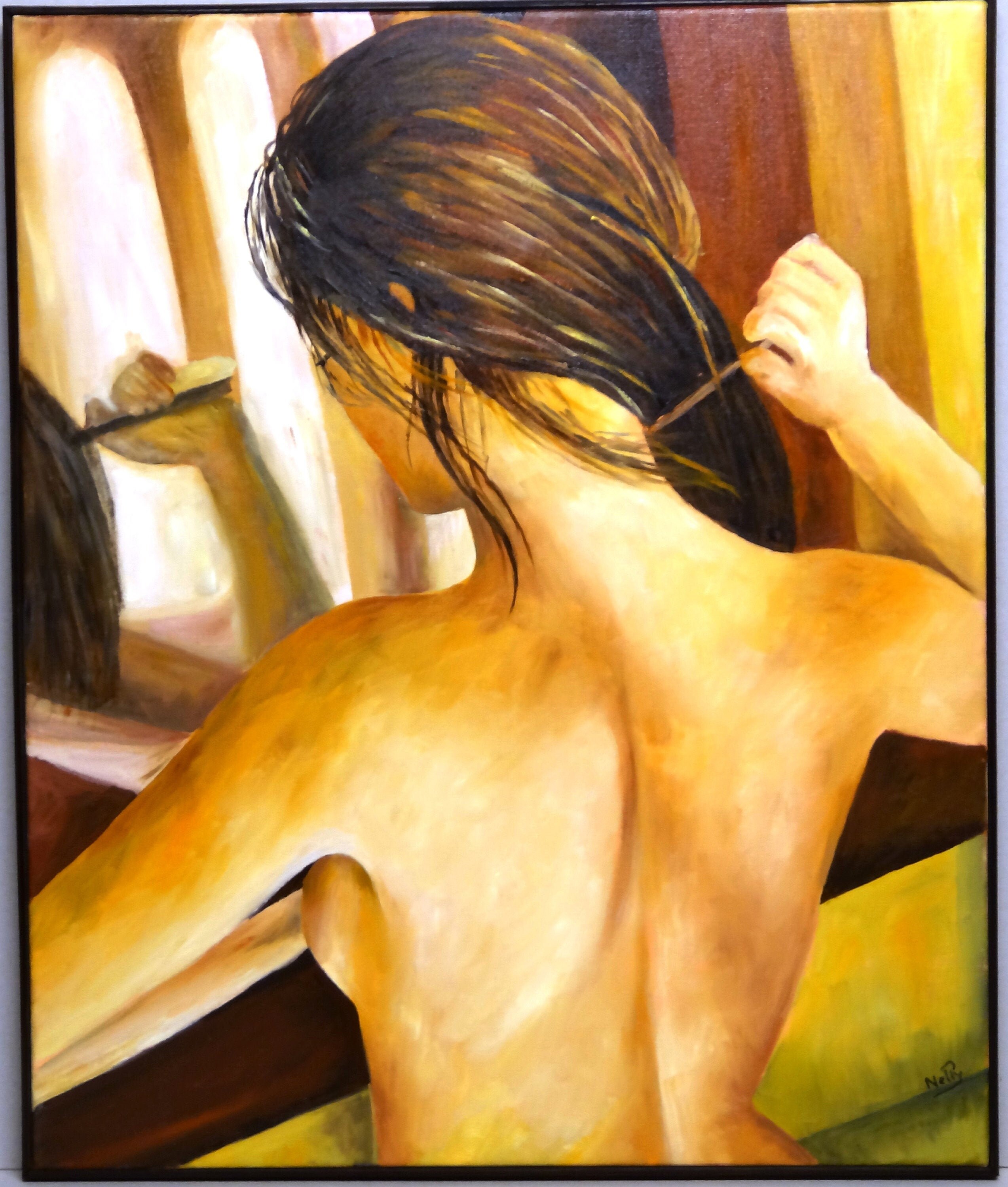 Peinture Huile Nelly Femme Vue de Dos Le Miroir55x46 cm