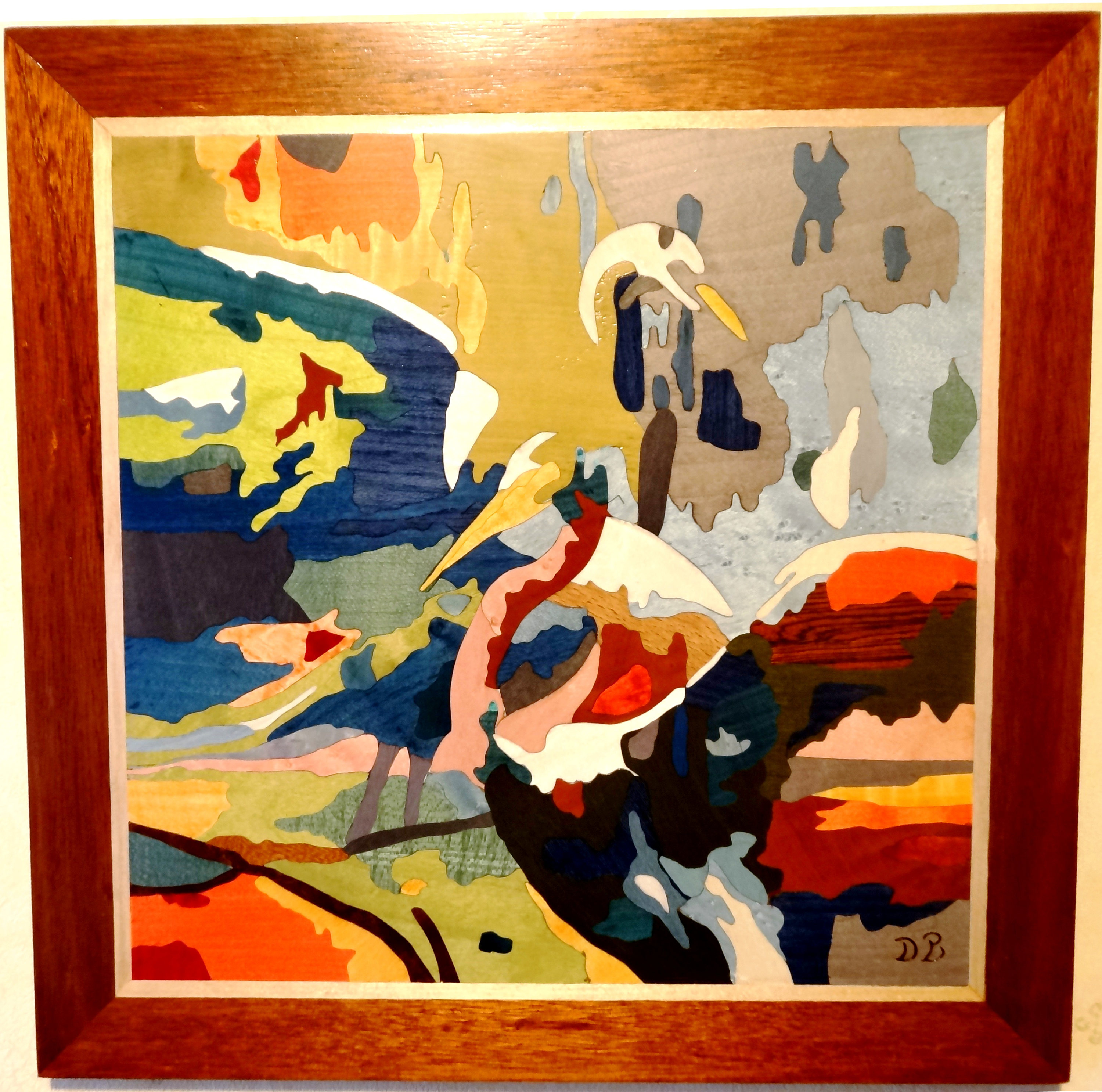 Tableau Mural Marqueterie Bois Les Oiseaux 38x38
