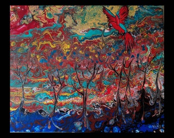 Peinture Nelly Acrylique Pouring "L'INCENDIE" 44X52 cmAbstrait avec ajout figuratif