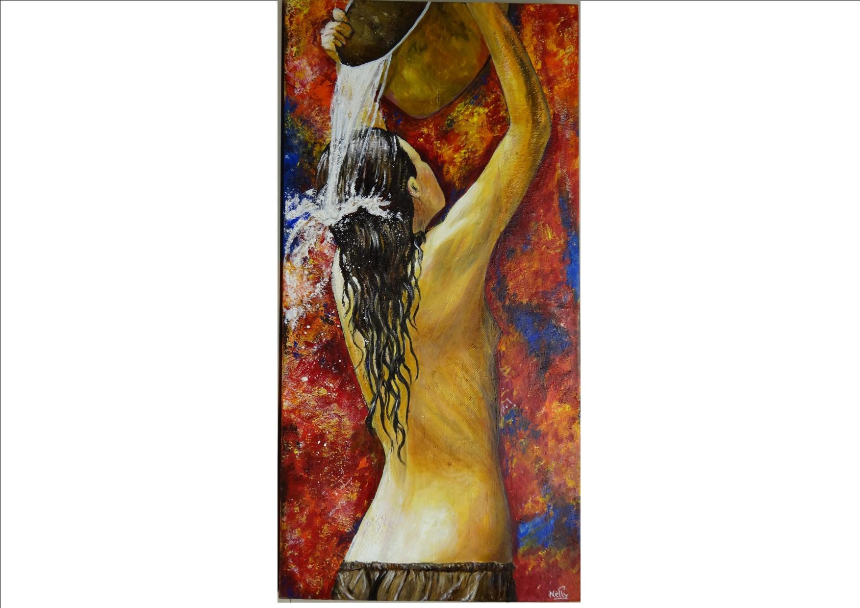 Peinture Acrylique Nelly Nu La Douche Femme Vue de Dos 80x40
