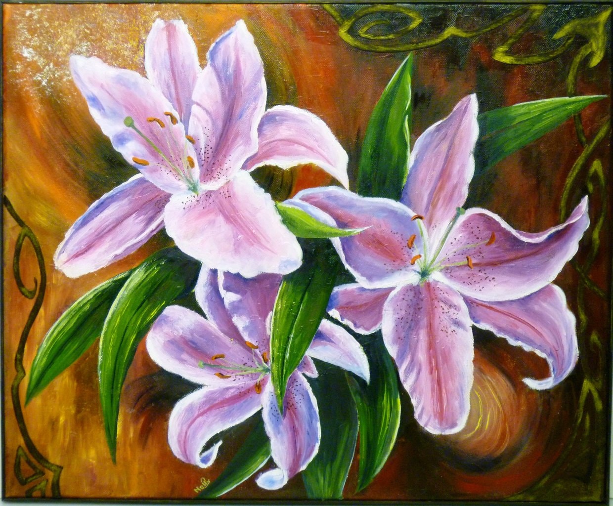 Peinture Huile Nelly Nature Morte Fleurs Les Lys 60x61 cm