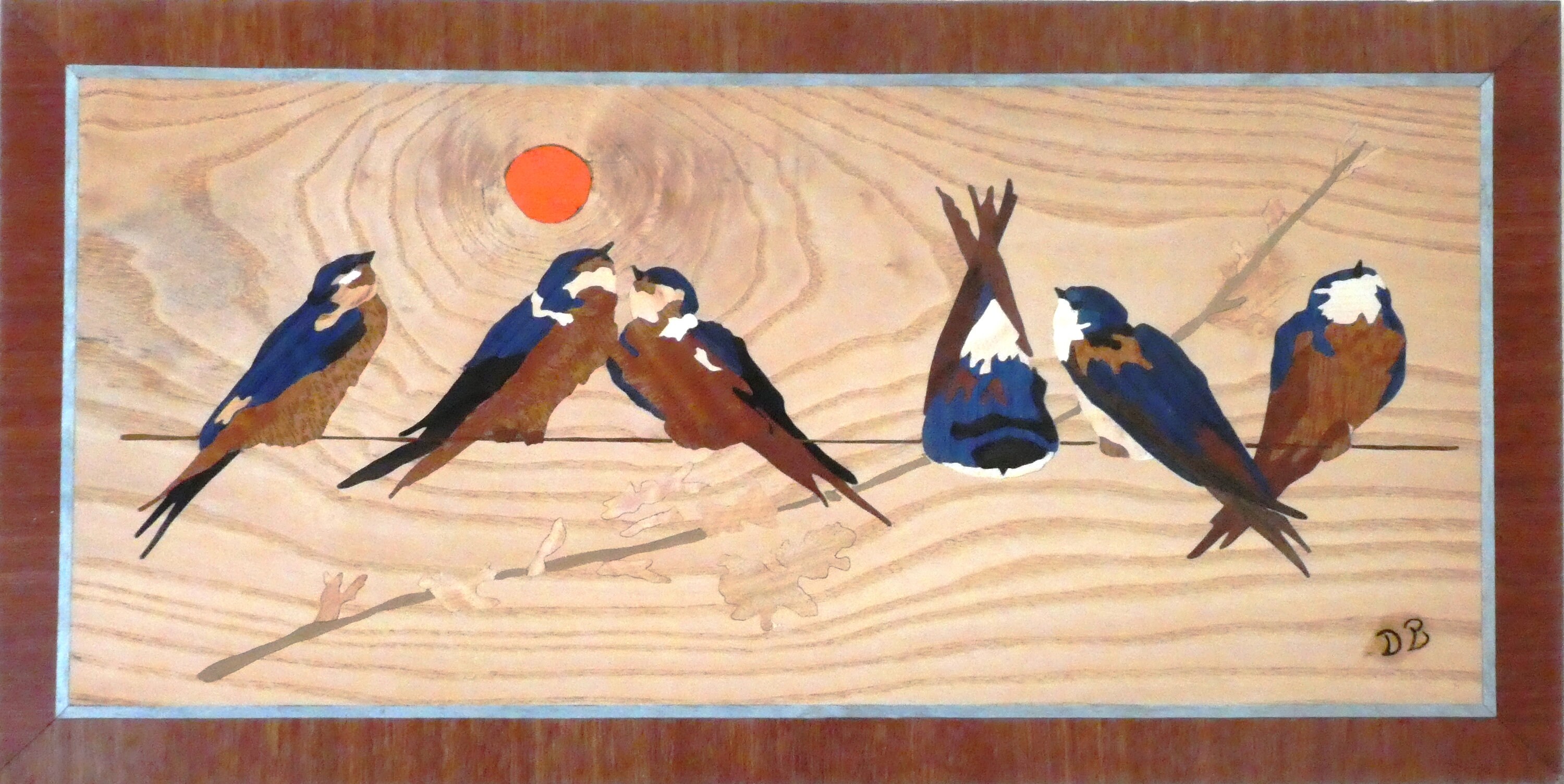 Oiseaux Tableau Mural Marqueterie Bois sur Le Fil 55x28
