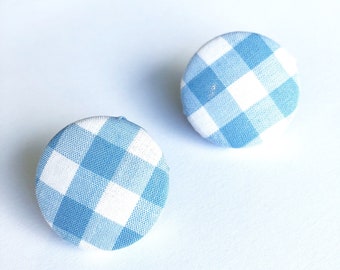 Baby Blue Gingham Earrings, Fabric Button Studs