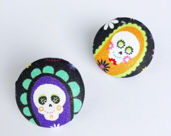 Sugar Skull Earrings, Fabric Button Studs