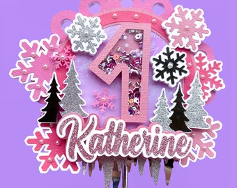 Purple & Silver Snowflake Cake Topper – Winter Wedding & Birthday Decor With Flowers & Balls