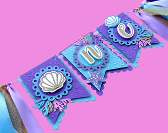Banner de cadeira alta de sereia, Banner de aniversário sob o mar, 1º aniversário de sereia, Banner de sereia, Decoração de festa de sereia, Banner de aniversário de sereia