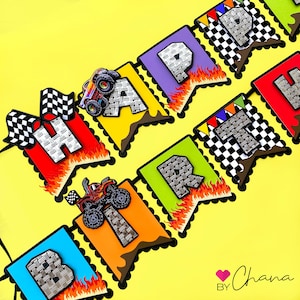 Bandera de camiones, bandera de cumpleaños de camiones, bandera de feliz cumpleaños de camiones, tema de cumpleaños de niño, fiesta temática de camiones, decoración de fiesta de camiones, fiesta de fuego