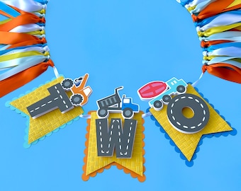 Construction TWO Highchair Banner, Truck Birthday Party Banner, Truck TWO Banner, Trucks Birthday Banner, Construction Birthday Party Banner