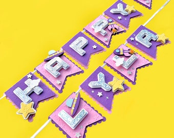 Banner espacial para niña, fiesta de cumpleaños espacial, decoración de cumpleaños de astronauta, banner para trona de niña con temática espacial, primer viaje alrededor del sol