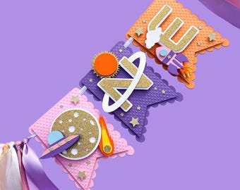 Banner de trona espacial para niña, fiesta de cumpleaños espacial, banner de una trona, cumpleaños espacial, primer viaje alrededor del sol, primer cumpleaños espacial