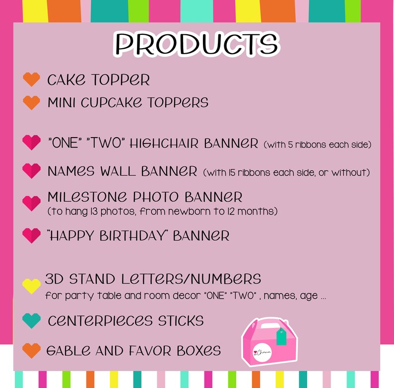 Pode incluir: Um cartaz rosa com a palavra "PRODUCTS" em branco. Lista v&aacute;rios artigos para festas, incluindo topos de bolo, banners e caixas de lembrancinhas. O texto &eacute; acompanhado por &iacute;cones de cora&ccedil;&atilde;o e estrela coloridos.