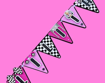 Banner de coche de carreras, cumpleaños de coche de carreras rosa, primer cumpleaños rápido, coche de carreras para niña, banner de fiesta de coche de carreras, cumpleaños de dos rápidos. Necesita cuatro velocidades