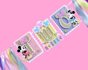 Banner para trona Minnie DOS, Banner para trona de segundo cumpleaños de Disneyland, Banner del cumpleaños más feliz del mundo, Banner para trona de Disneyland
