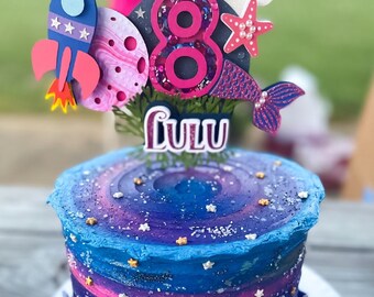 Mermaid Cake Topper, Space Cake Topper, Girl Space Birthday, Mermaid Birthday Decor, Mermaid Party, Under the Sea Party Decor,Galaxy Mermaid
