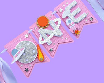 Banner de trona espacial para niña, fiesta de cumpleaños espacial, banner de una trona, cumpleaños espacial, primer viaje alrededor del sol, primer cumpleaños espacial