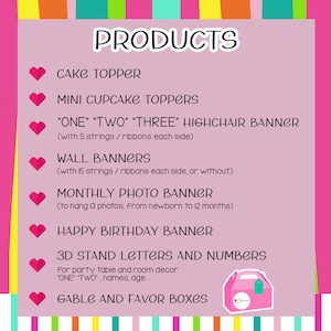 May include: Pink and white graphic with the text "PRODUCTS" in black.  A list of products for a baby shower or birthday party, including cake toppers, cupcake toppers, banners, photo banners, 3D letters and numbers, and gable boxes.