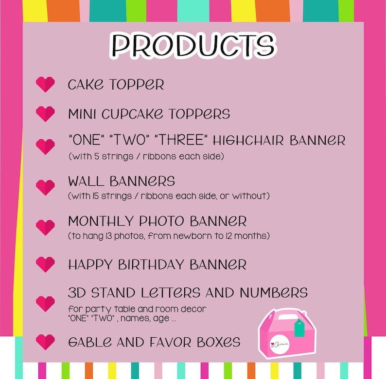 May include: Pink and white graphic with the text "PRODUCTS" in black.  A list of products for a baby shower or birthday party, including cake toppers, cupcake toppers, banners, photo banners, 3D letters and numbers, and gable boxes.