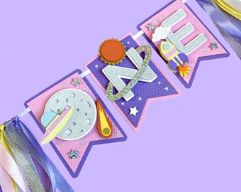 Banner de trona espacial para niña, fiesta de cumpleaños espacial, banner de una trona, cumpleaños espacial, primer viaje alrededor del sol, primer cumpleaños espacial