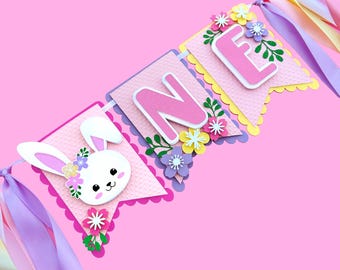Banner konijntje kinderstoel, bloemen konijntje 1e verjaardag kinderstoel banner, konijn slinger, paashaas banner kinderstoel, Some Bunny is ONE