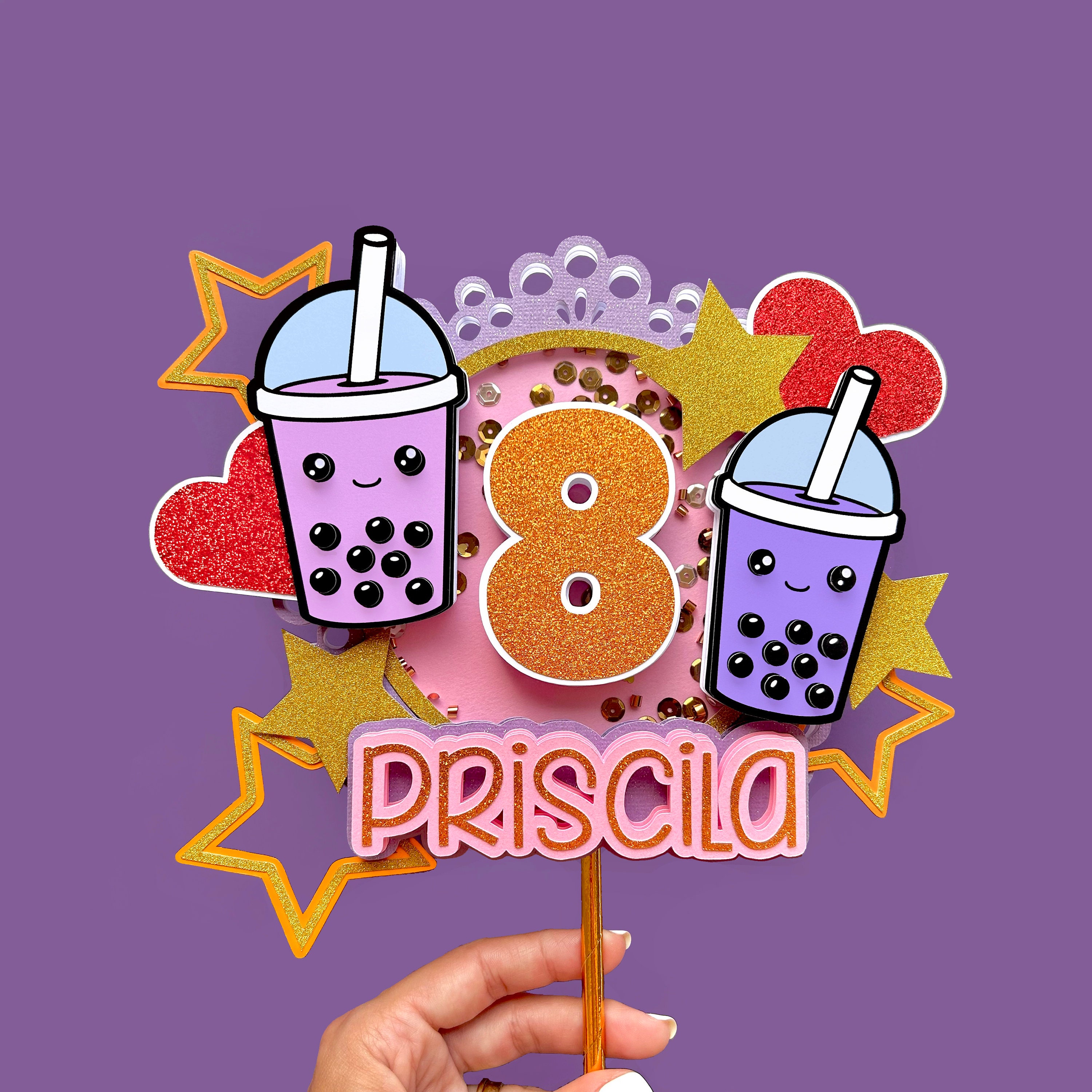 Pink Glitter Bubble Tea Cake Topper - Boba Tea Birthday Party Decoration With 6 Smiley Faces - View #2