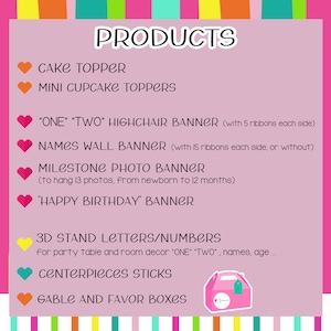 Puede incluir: Un gr&aacute;fico rosa y blanco con la palabra "PRODUCTOS" en letras grandes y negritas. El gr&aacute;fico enumera varias decoraciones para fiestas, que incluyen adornos para pasteles, pancartas, pancartas de fotos, letras 3D, centros de mesa y cajas de regalo.