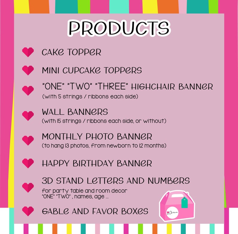 Peut inclure: Graphique rose et blanc avec le texte "PRODUITS" en noir. Une liste de produits pour une f&ecirc;te de naissance ou un anniversaire, comprenant des d&eacute;corations de g&acirc;teau, des d&eacute;corations de cupcakes, des banni&egrave;res, des banni&egrave;res photo, des lettres et des chiffres 3D et des bo&icirc;tes &agrave; cadeaux.