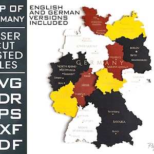 Kaart van Duitsland 3D, Lasergesneden bestand, SVG, EPS, dxf, cdr, pdf, Meerlagig, Bestand voor lasersnijder, Vectorbestand, Digitaal bestand, 51x68cm, 20x27in