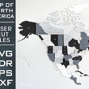 Karte von Nordamerika, Laser geschnittene Datei, SVG, EPS, dxf, cdr, pdf, mehrschichtig, Kanada, USA, Mexiko, Vektordatei, digital, 110x110cm, 3,6'x3,6'