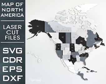 Map of North America, Laser Cut file, SVG, EPS, dxf, cdr, pdf, Multilayered, Canada, USA, Mexico, Vector file, Digital, 110x110cm, 3.6&#39;x3.6&#39;
