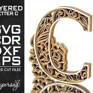 Layered Letter C, Monogram C, SVG, EPS, DXF, cdr, Multilayered Floral Alphabet, Laser Cut, File for Glowforge, Vector cut file, Digital file