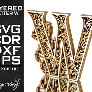Layered Letter W, Monogram W, SVG, EPS, DXF, cdr, Multilayered Floral Alphabet, Laser Cut, File for Glowforge, Vector cut file, Digital file