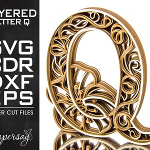 Layered Letter Q, Monogram Q, SVG, EPS, DXF, cdr, Multilayered Floral Alphabet, Laser Cut, File for Glowforge, Vector cut file, Digital file
