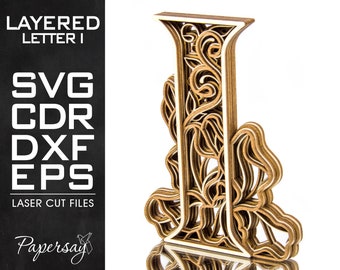 Layered Letter I, Monogram I, SVG, EPS, DXF, cdr, Multilayered Floral Alphabet, Laser Cut, File for Glowforge, Vector cut file, Digital file