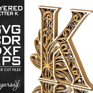 Layered Letter K, Monogram K, SVG, EPS, DXF, cdr, Multilayered Floral Alphabet, Laser Cut, File for Glowforge, Vector cut file, Digital file
