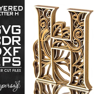 Layered Letter H, Monogram H, SVG, EPS, DXF, cdr, Multilayered Floral Alphabet, Laser Cut, File for Glowforge, Vector cut file, Digital file