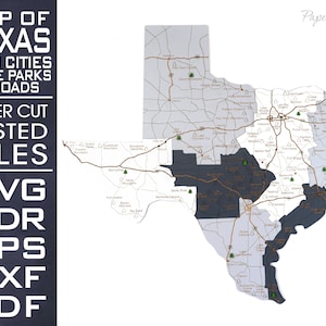 Karte von Texas mit Bundesstaat und Nationalparks, Städten und Straßen, Laser Cut Datei, SVG, EPS, dxf, cdr, Datei für Laser Cutter, 69x66cm, 27x26''