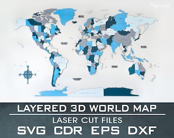 Kaart van de wereld 3D, Lasergesneden bestand, SVG, EPS, DXF, cdr, pdf, Meerlagig, Bestand voor lasersnijder, Vectorbestand, Digitaal, 192x117cm, 6'x4'