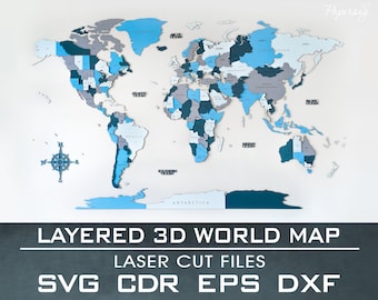 Map of the World 3D, Laser Cut file, SVG, EPS, DXF, cdr, pdf, Multilayered, File for Laser Cutter, Vector file, Digital, 192x117cm, 6&#39;x4&#39;
