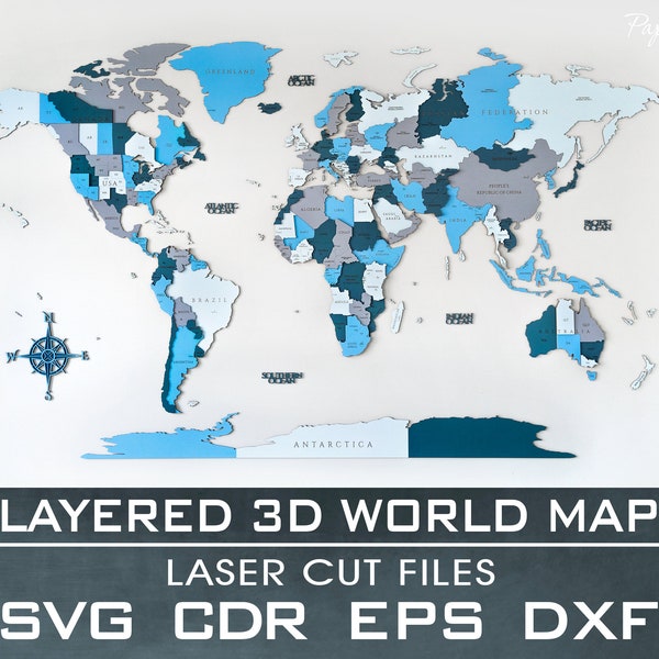 Mapa del mundo 3D, Archivo cortado con láser, SVG, EPS, DXF, cdr, pdf, Multicapa, Archivo para cortadora láser, Archivo vectorial, Digital, 192x117cm, 6'x4'