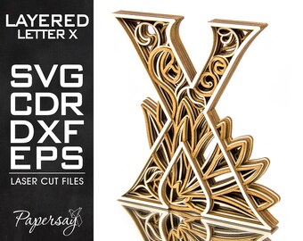 Layered Letter X, Monogram X, SVG, EPS, DXF, cdr, Multilayered Floral Alphabet, Laser Cut, File for Glowforge, Vector cut file, Digital file