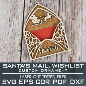 Ornamento personalizado do correio do Papai Noel, arquivo cortado a laser, enfeite de Natal, envelope, lista de desejos, SVG, EPS, dxf, cdr, pdf, arquivo vetorial, digital